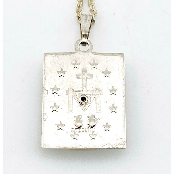 Vintage Sterling Silver Mother of Pearl Marcasite Our Lady Pendant Necklace 18" - Picture 5 of 6